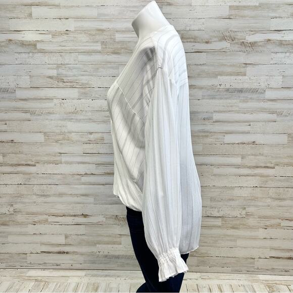 AllSaints Penny Striped Cross Over Top Womens Size XS White Gray Faux Wrap - Picture 6 of 14